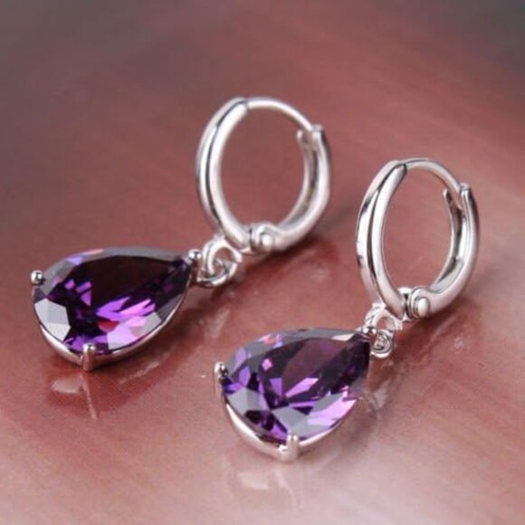 🆕 Women Purple Azuria Dange Teardrop Earrings 18K Zirconia Crystals Jewelry Set - Picture 3 of 5